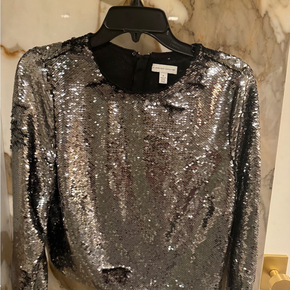 Monique Lhuillier Silver Sequin Blouse and Skirt Set